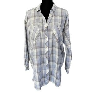J Jill Light Blue Plaid Button Down Shirt Large Long Sleeve Cotton Casual Soft